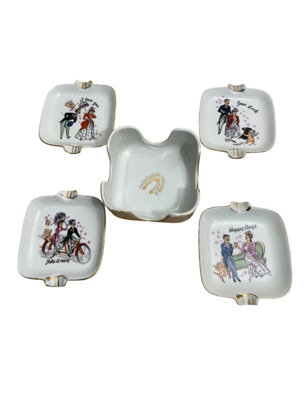 Vtg Victorian Porcelain Ashtray Set of 5 Romantic Gold Trim Holder Love Art Deco